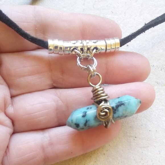Unique Rustic Rugged Tomboy Necklace ~ Blue Kiwi Jasper + Black Cordage - Picture 2 of 8